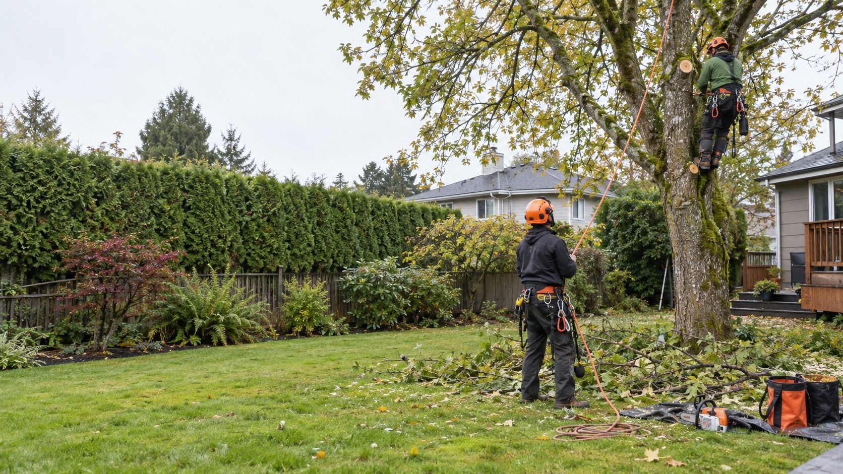 Tree trimming crew working in a Richmond residential yard